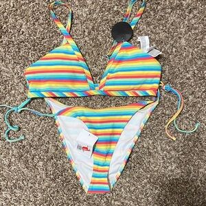 NWT Forever 21 is Rainbow Stripe Two-Piece Swim Set - Multicolor